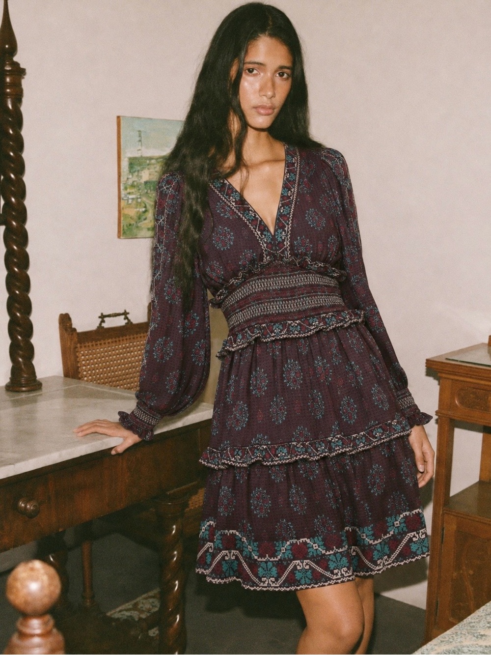 Sea New York | Plum Boho Print Ellabeth Smocked Long-Sleeve Tiered Dress ~ US 10